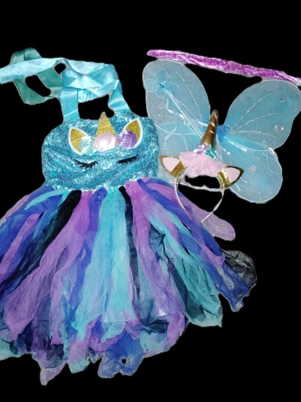UNICORN PRINCESS COSTUME DRESS UP TUTU DRESS WINGS HEADBAND WAND-GIRLS SIZE 7-8+